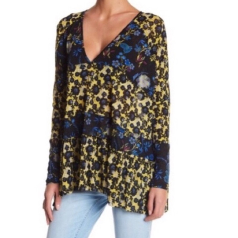 Free People Yellow and Blue Floral V-Neck Blouse
